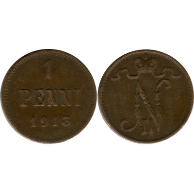 Монета 1 пенни Российской империи (Финляндии) 1913 г., Николай II