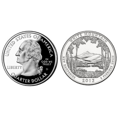 Монета Квотер США 2013 г., (16-й) Национальный лес Белые горы (D)