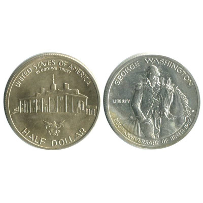 Серебряная монета Полдоллара США 1982 г. Джордж Вашингтон D (в оригинальной коробке)