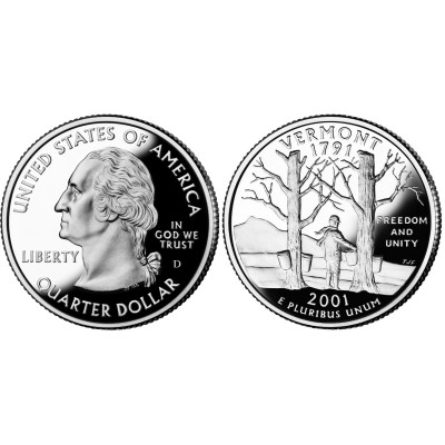 Монета Квотер США 2001 г., Вермонт (D)