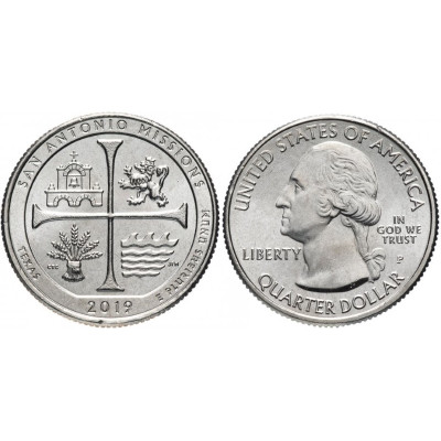 Монета Квотер США 2019 г., (49-й парк) Национальный исторический парк Миссии Сан-Антонио(P)