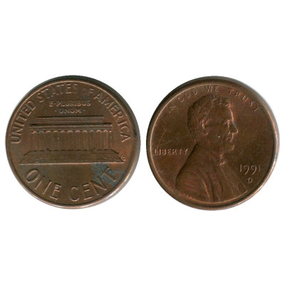 Монета 1 цент США 1991 г. (D)