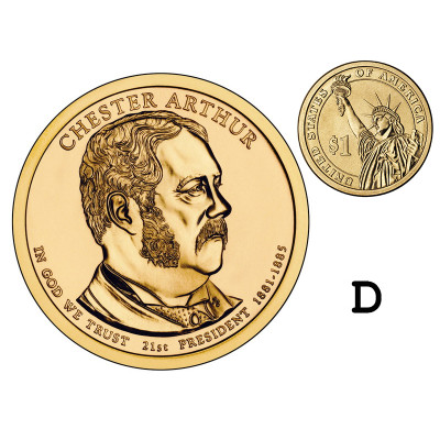 Монета 1 доллар США 2012 г., 21-й президент Честер Алан Артур (D)