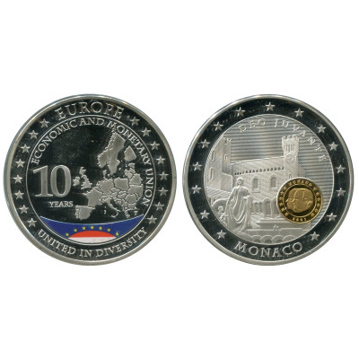 Медальон 10 лет экономическому и валютному союзу, Монако 2001 г. (серебро, Proof)